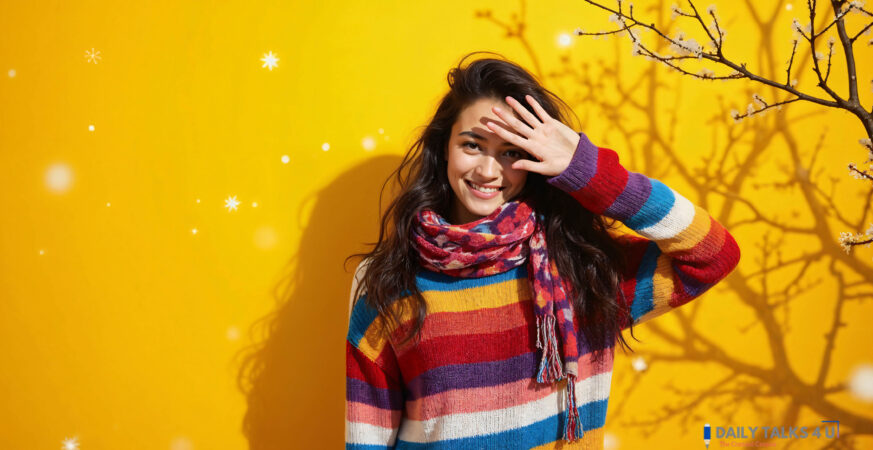 joyful-woman-colorful-scarf-sweater-bright-yellow-background-with-winter-decor
