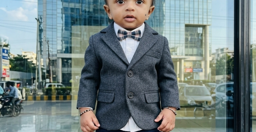 A stylish baby in a grey blazer standing in front of a glass building.