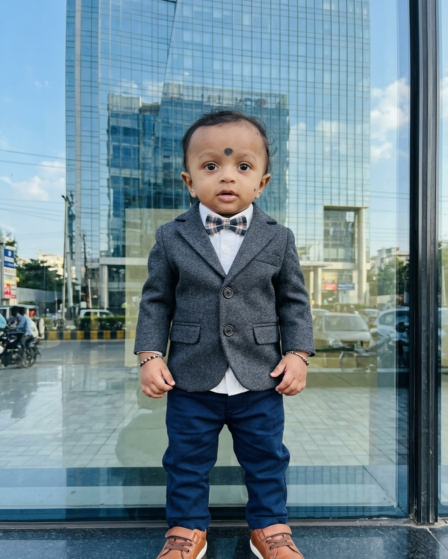 A stylish baby in a grey blazer standing in front of a glass building.